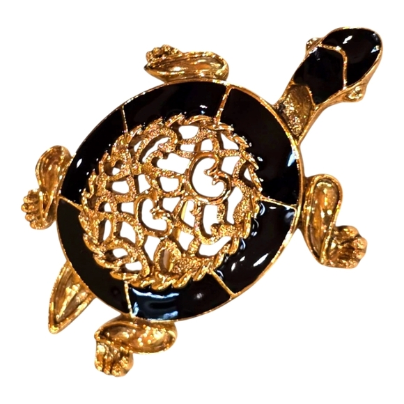 1928 Turtle Black Enamel Goldtone Filigree Brooch - Picture 1 of 4